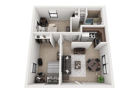 Floor plan for 2 beds, 1 bath, 637 sqft